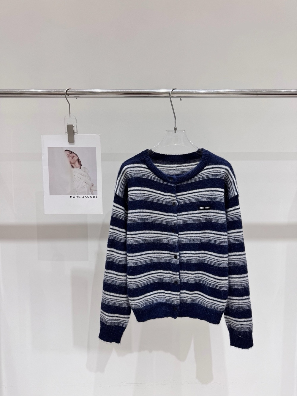 Miu Miu Navy and White Striped Button-Up Cardigan